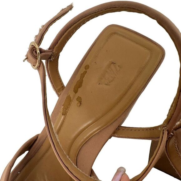 ZARA Rhinestone Embellished Platform Sandal Chunky Heel Sz 41 US 10.5 Tan Satin - Picture 9 of 12